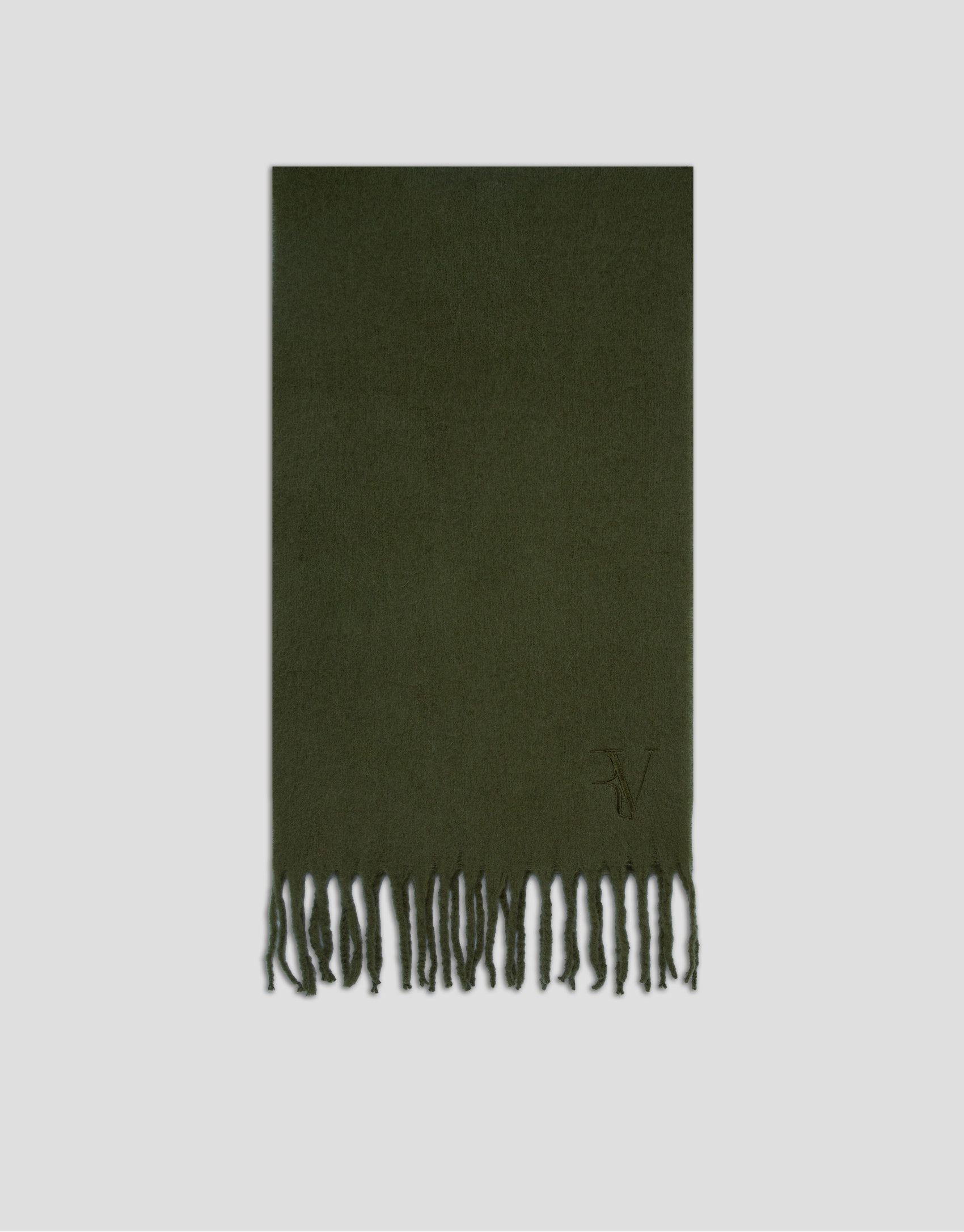 Khaki green wool scarf with embroidered RV | Roberto Verino