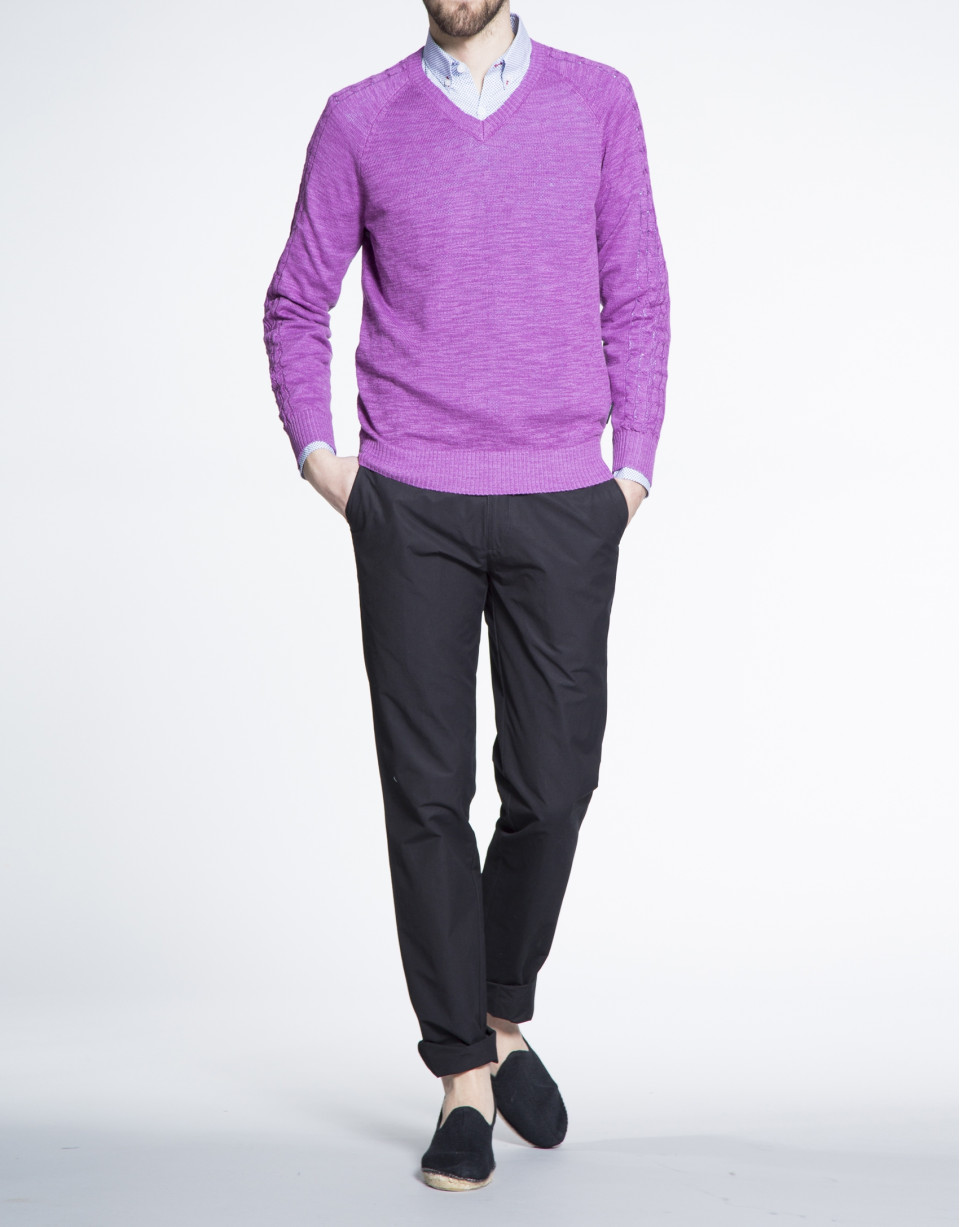 Purple cable stitch V neck sweater 