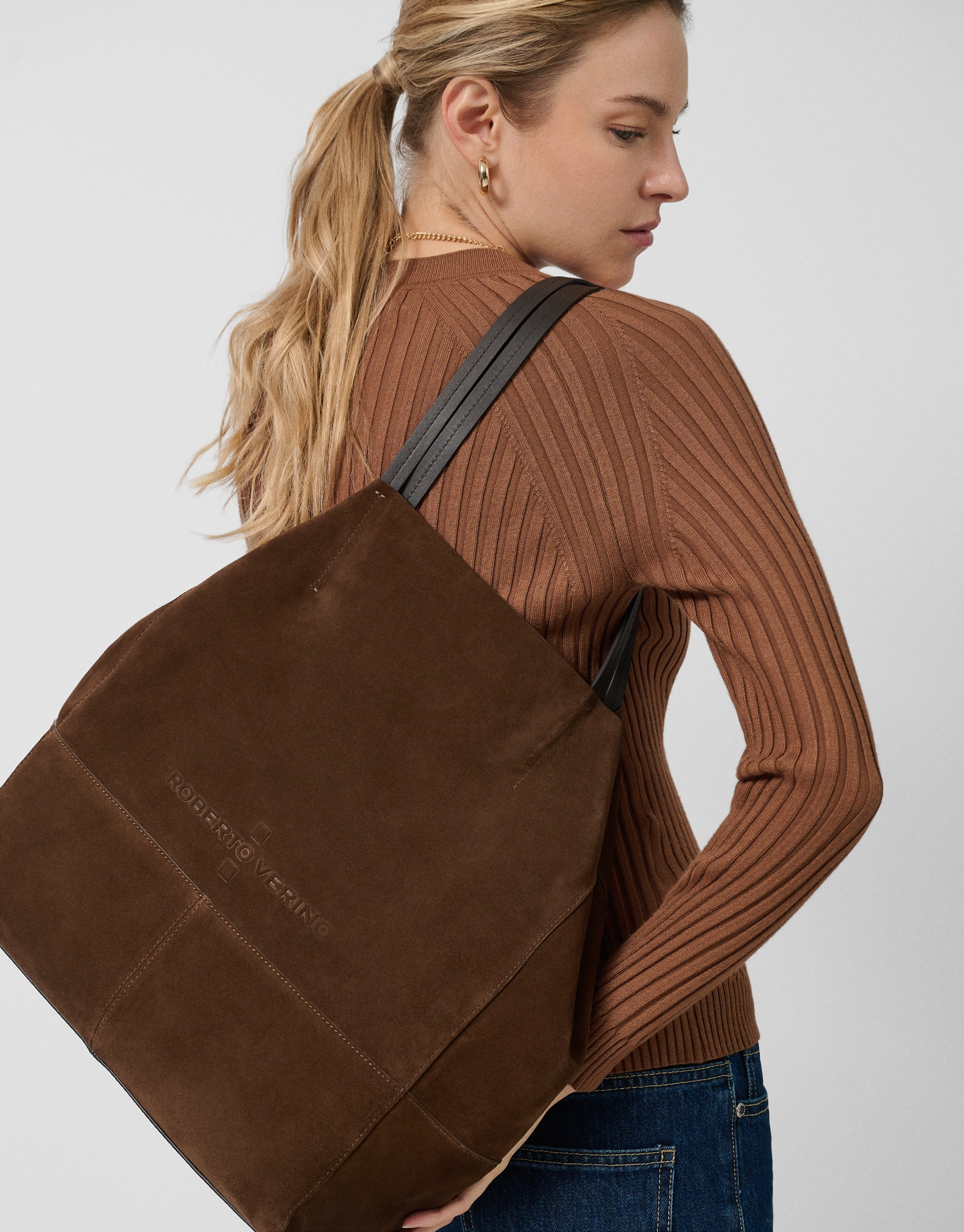 Megan brown suede shopper bag - Woman - SS2026 | Roberto Verino