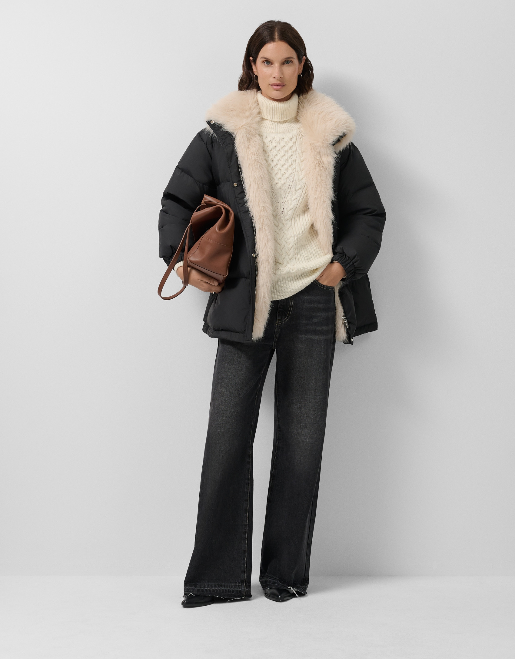 Black down jacket with fur-effect collar | Roberto Verino