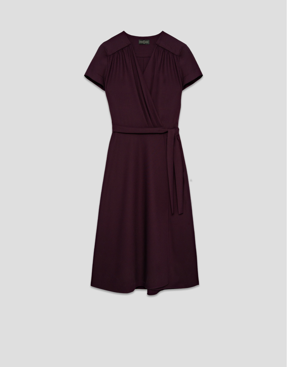 Vestido midi cruzado de manga corta burdeos | Roberto Verino