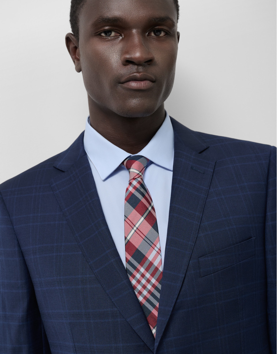 Half canvas slim fit suit in navy blue check | Roberto Verino