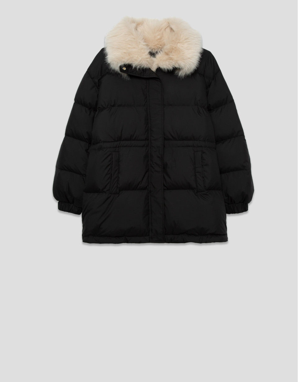 Black down jacket with fur-effect collar | Roberto Verino
