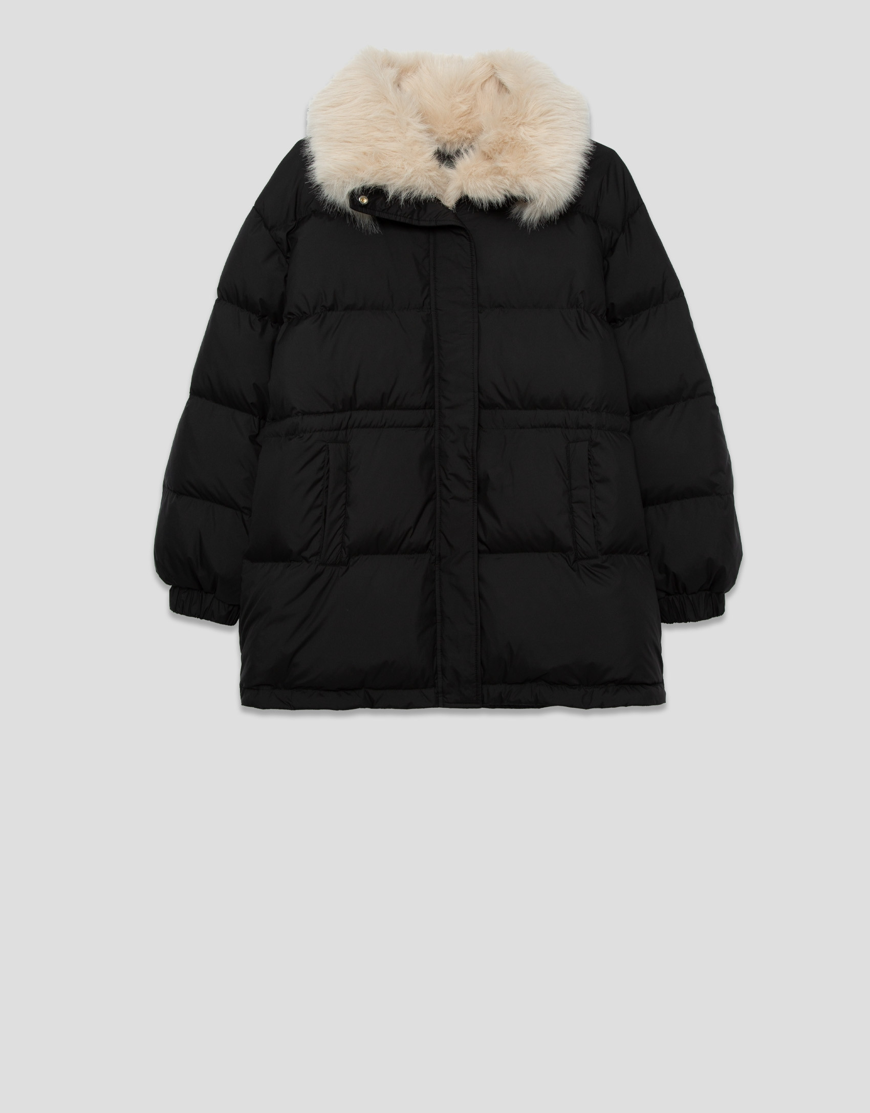 Black down jacket with fur-effect collar | Roberto Verino