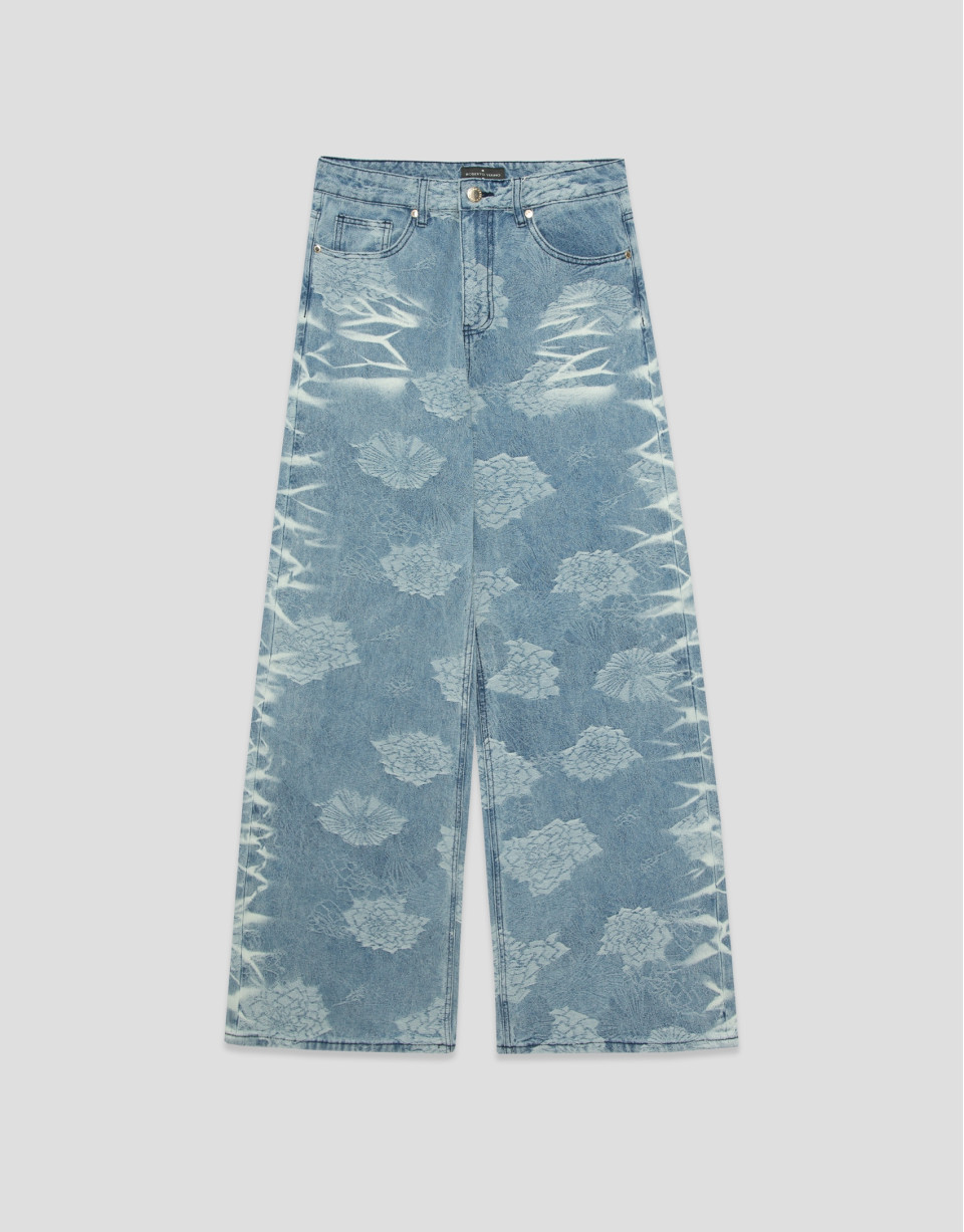 Blue wide-leg jeans with jacquard and faded ... | Roberto Verino