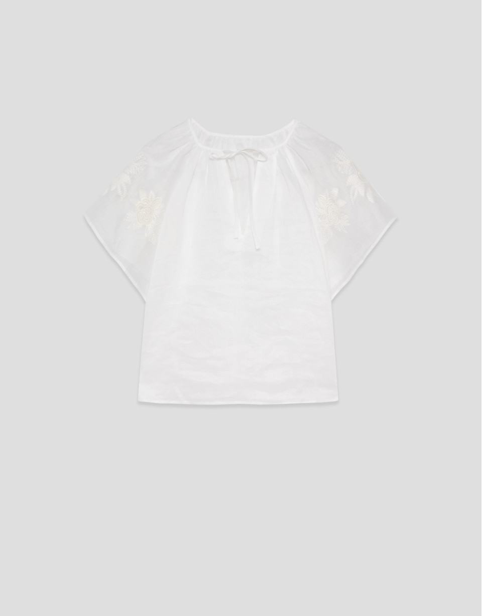 White ramie blouse with floral embroidery | Roberto Verino