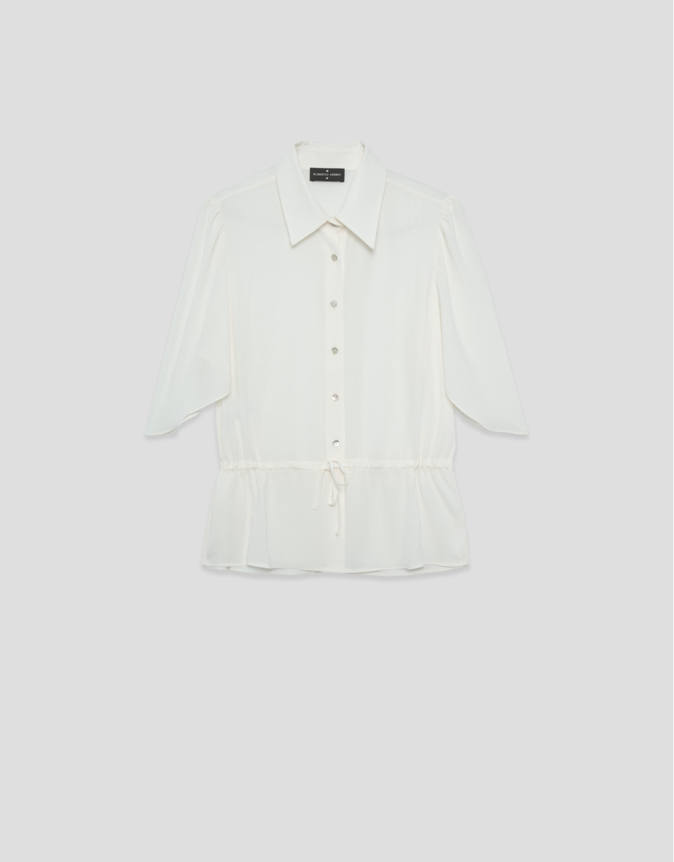 Ecru ruffle sleeve blouse with gathered waist | Roberto Verino