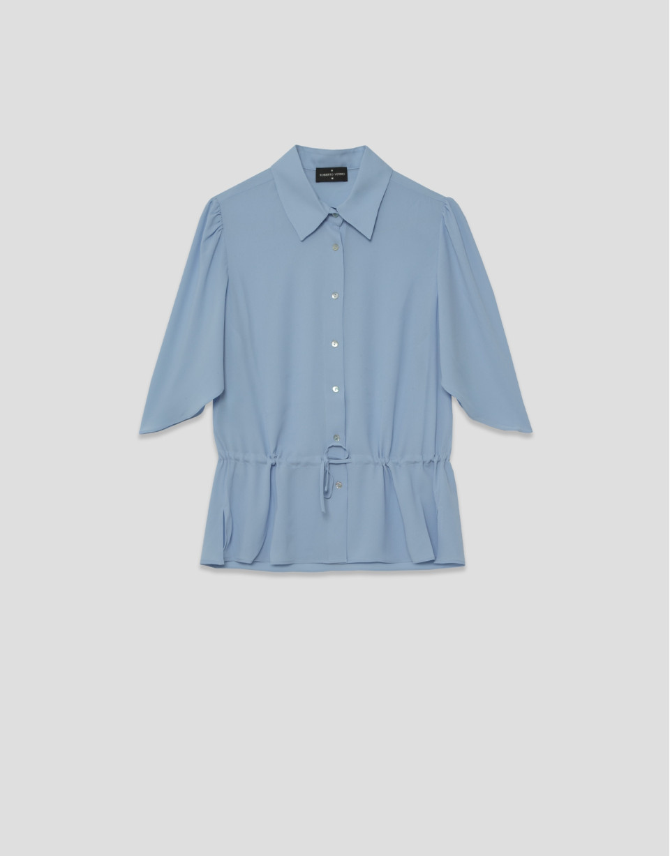 Blusa manga volante con cintura fruncida azul... | Roberto Verino