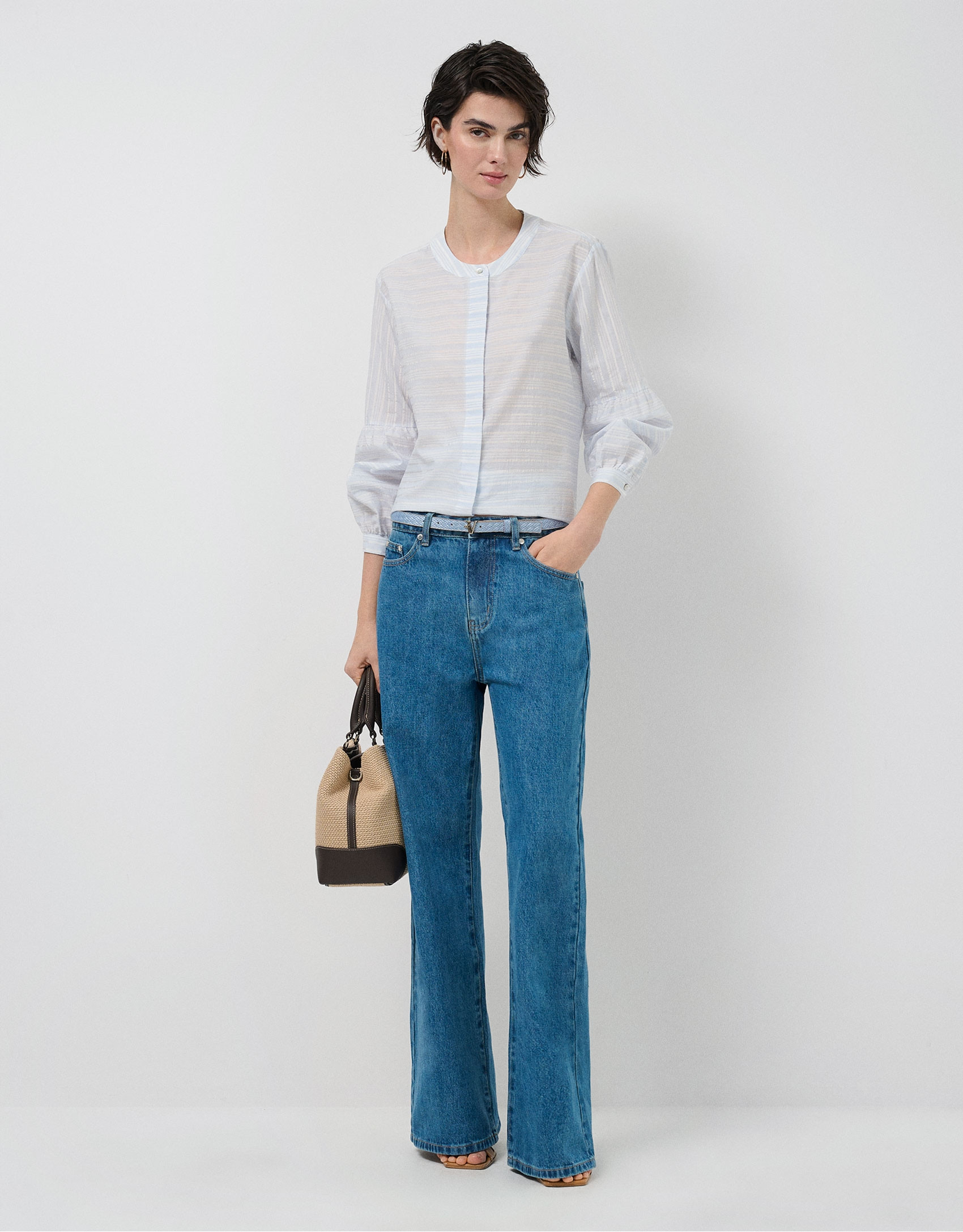 Blusa manga abullonada rayas beige y azul | Roberto Verino
