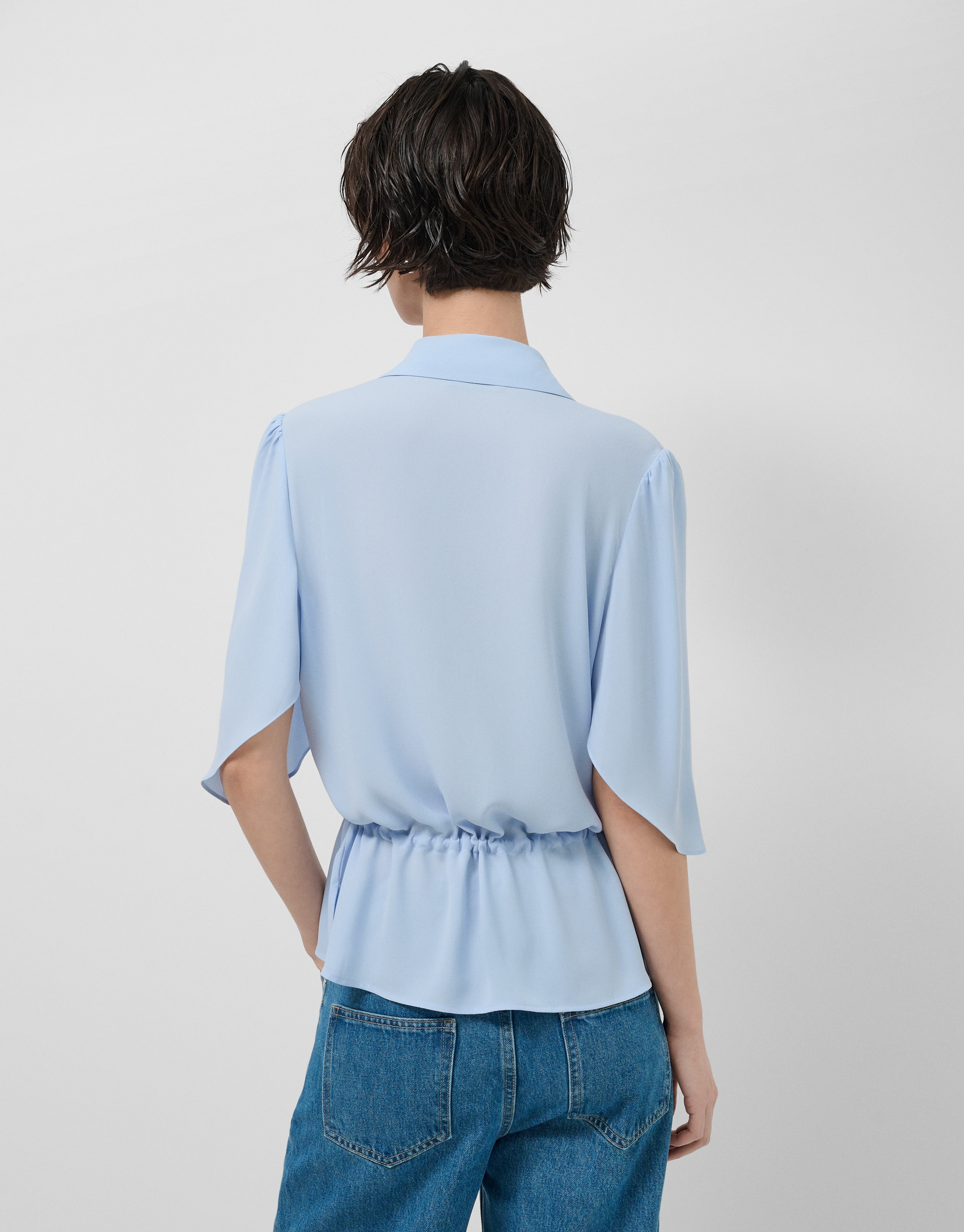 Blusa manga volante con cintura fruncida azul... | Roberto Verino
