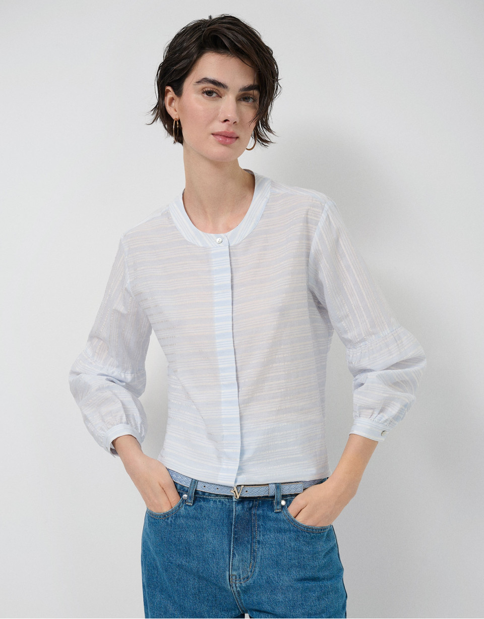 Beige and blue striped puff sleeve blouse | Roberto Verino