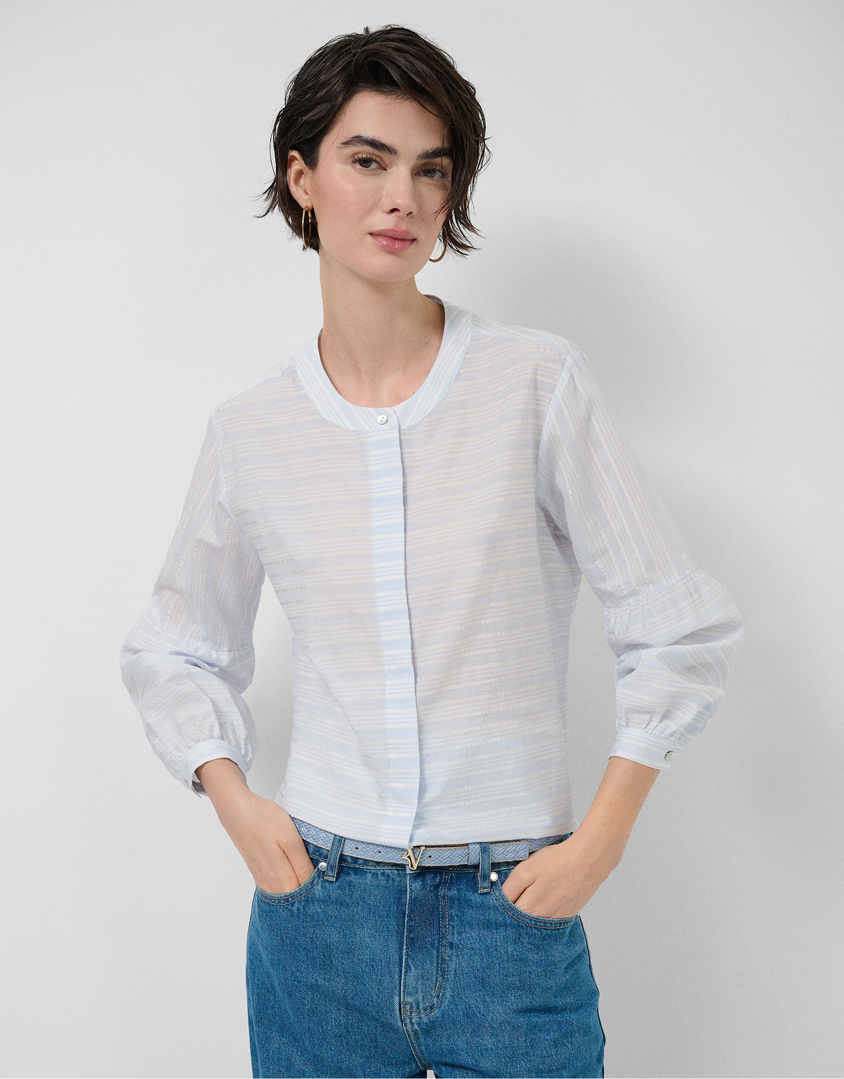 Blusa manga abullonada rayas beige y azul | Roberto Verino