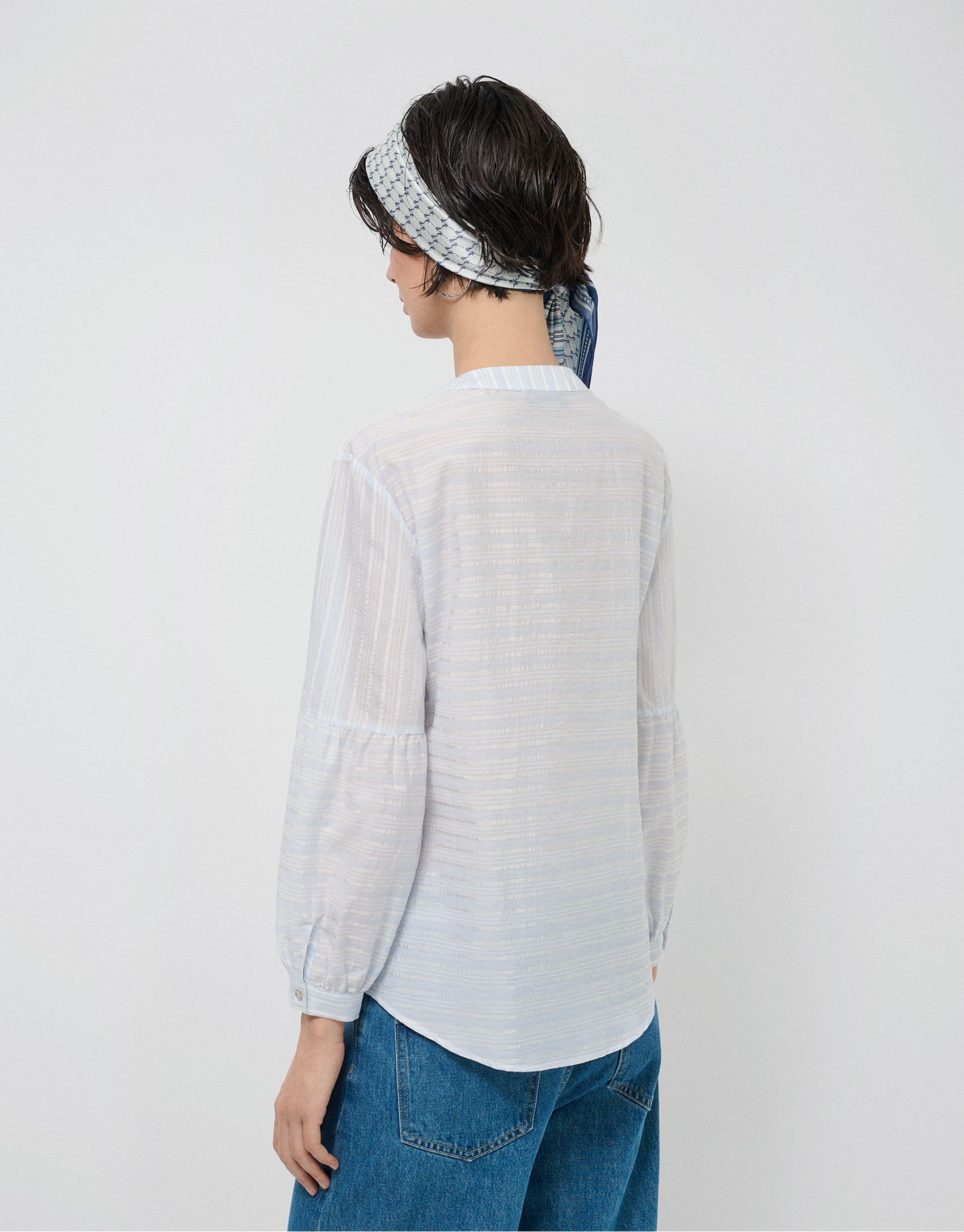 Beige and blue striped puff sleeve blouse | Roberto Verino