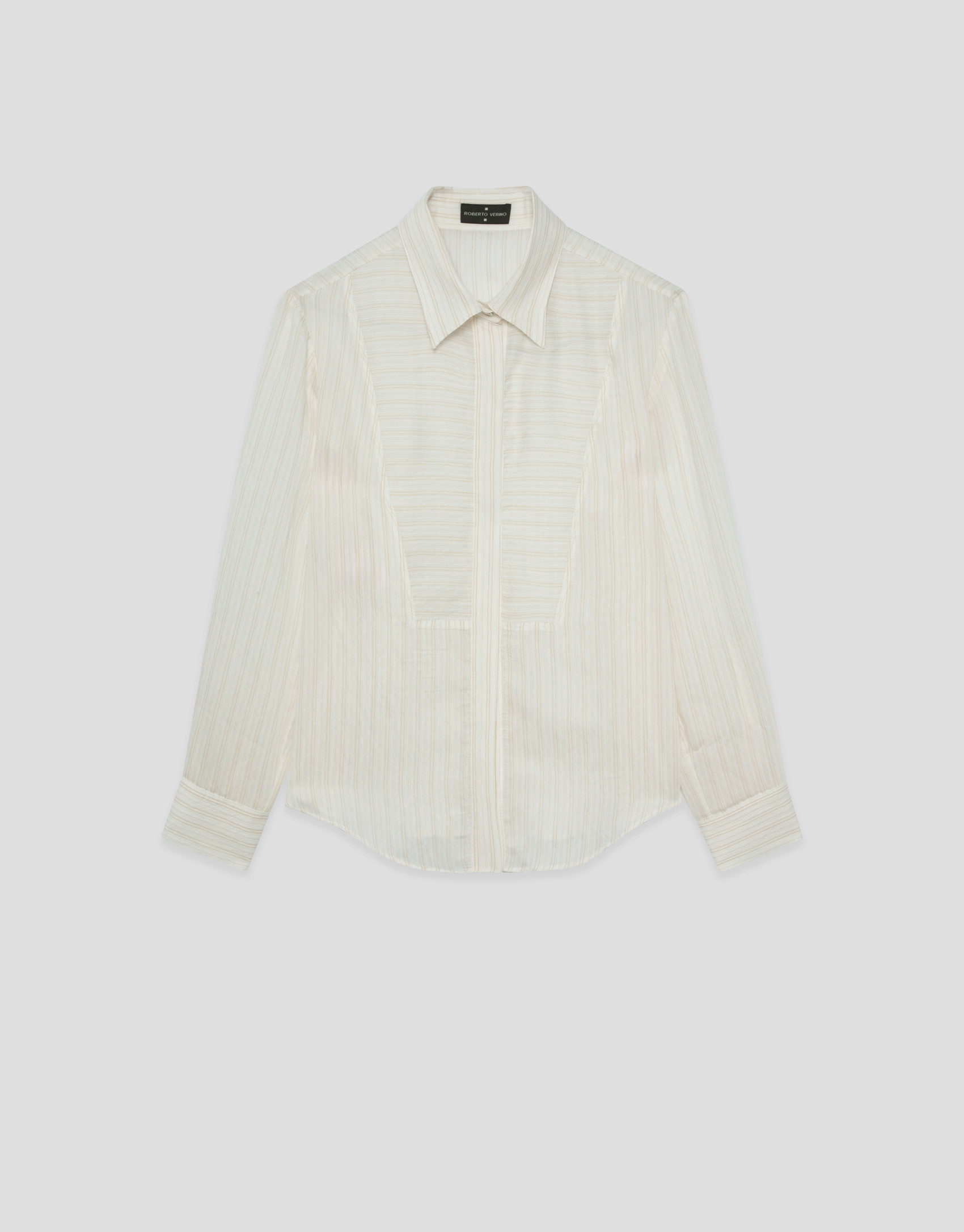 Blusa manga larga remangada rayas beige y crudo | Roberto Verino