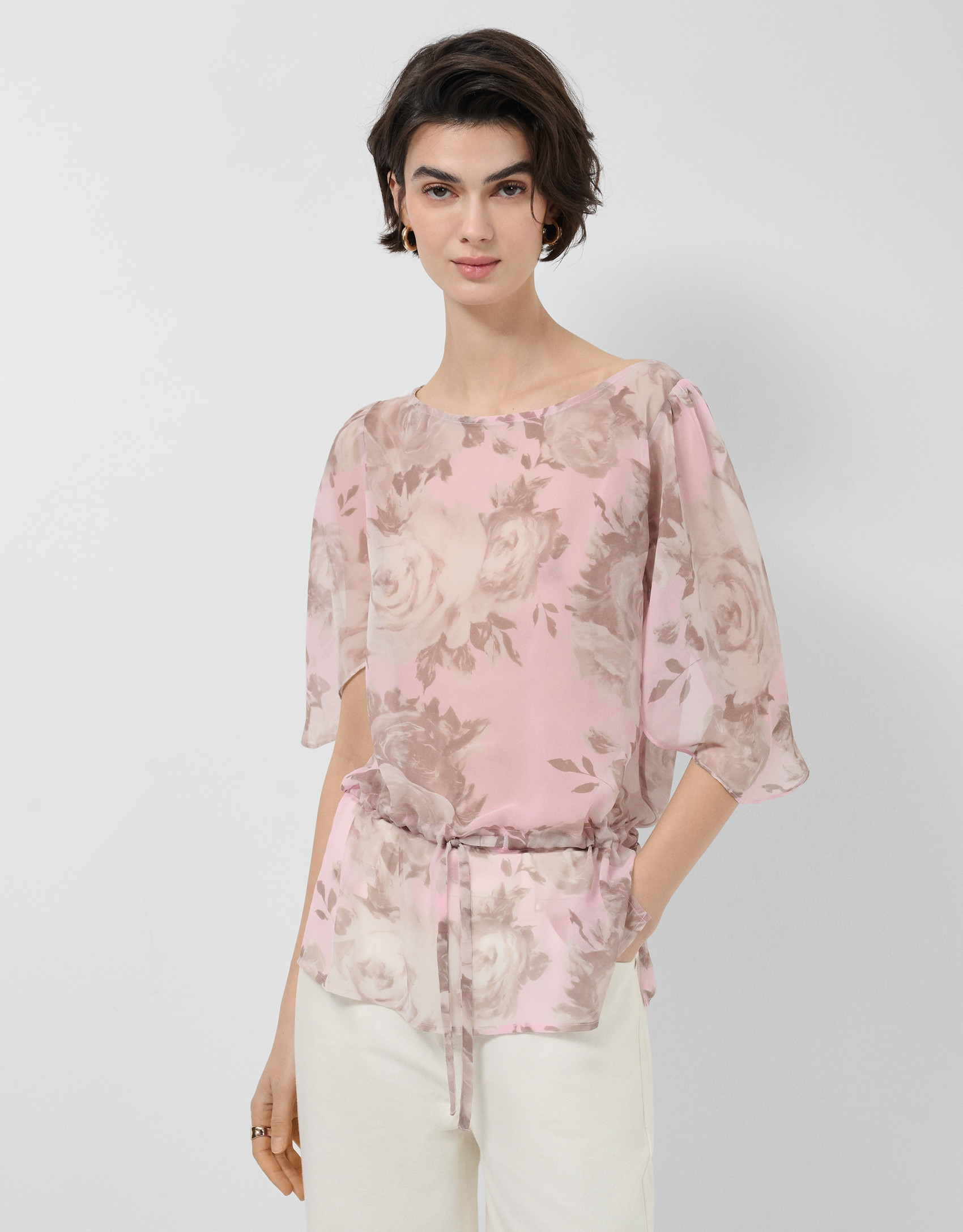 Pink floral print chiffon blouse with ruffled... | Roberto Verino