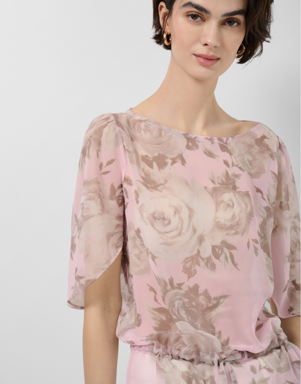 Pink floral print chiffon blouse with ruffled... | Roberto Verino