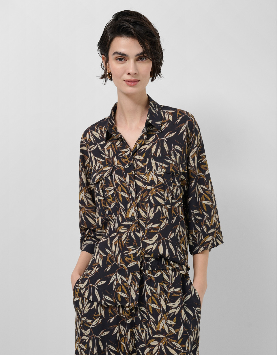 Oversized blouse in brown leaf print crepe | Roberto Verino