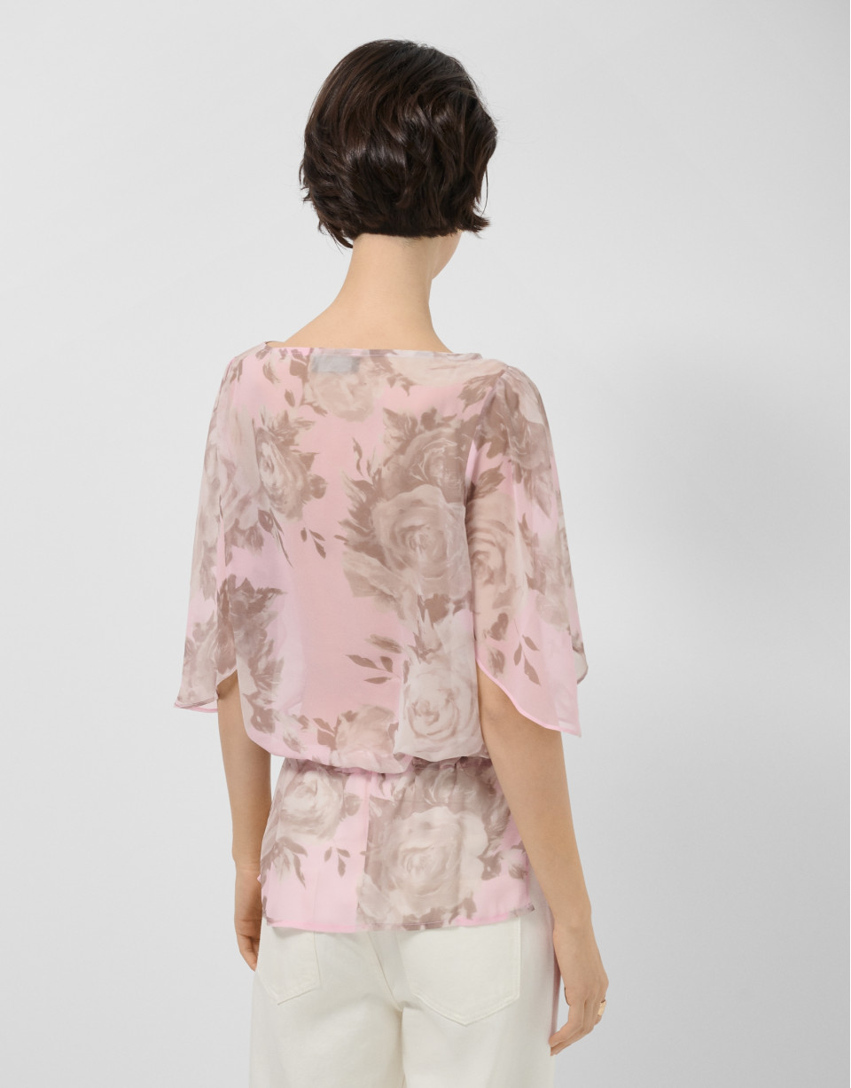 Pink floral print chiffon blouse with ruffled... | Roberto Verino