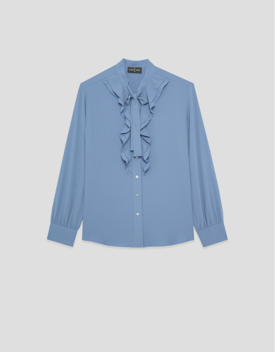 Blusa gasa azul con volantes en pechera - Mujer | Roberto Verino