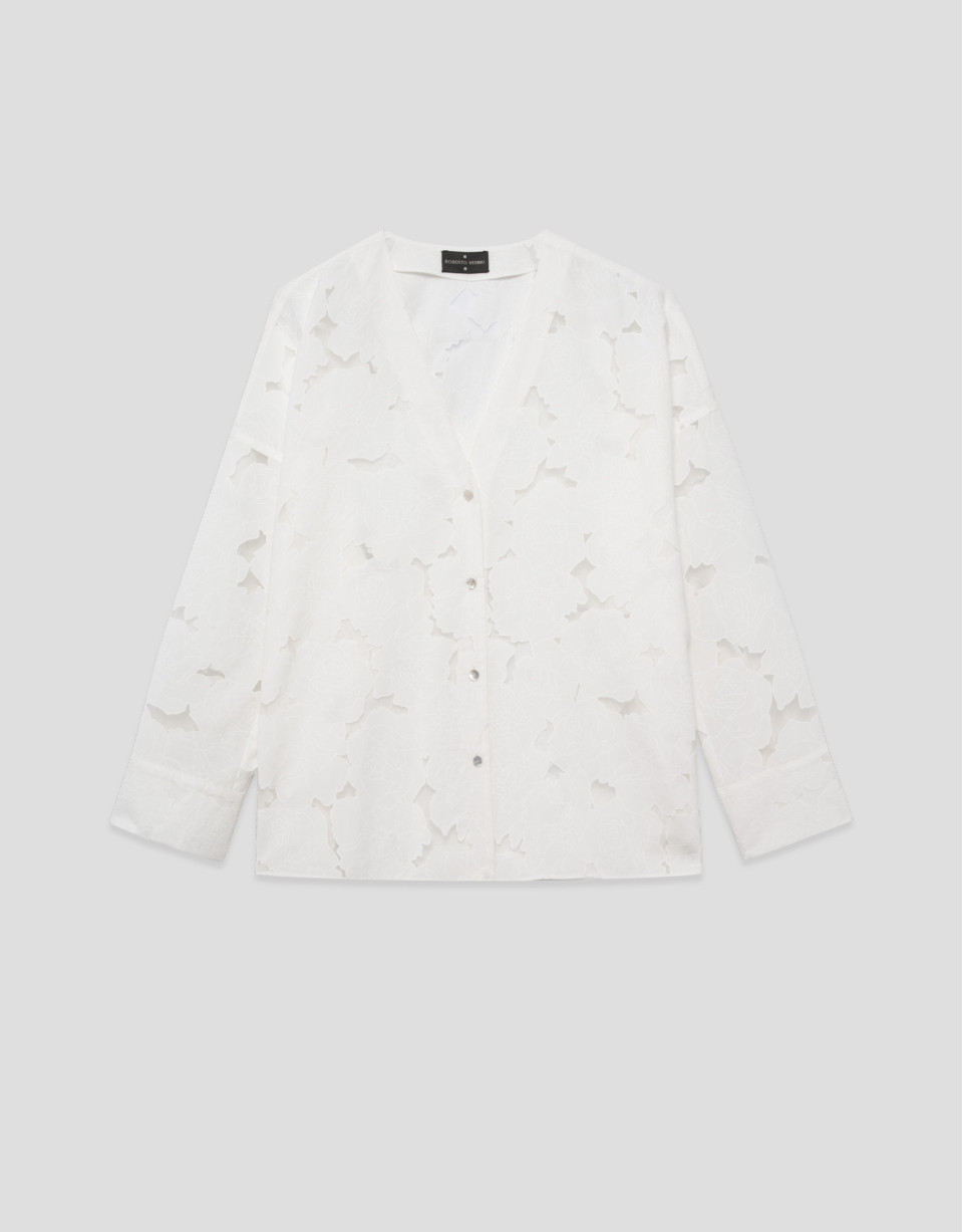 Oversized white devoré blouse with floral print | Roberto Verino