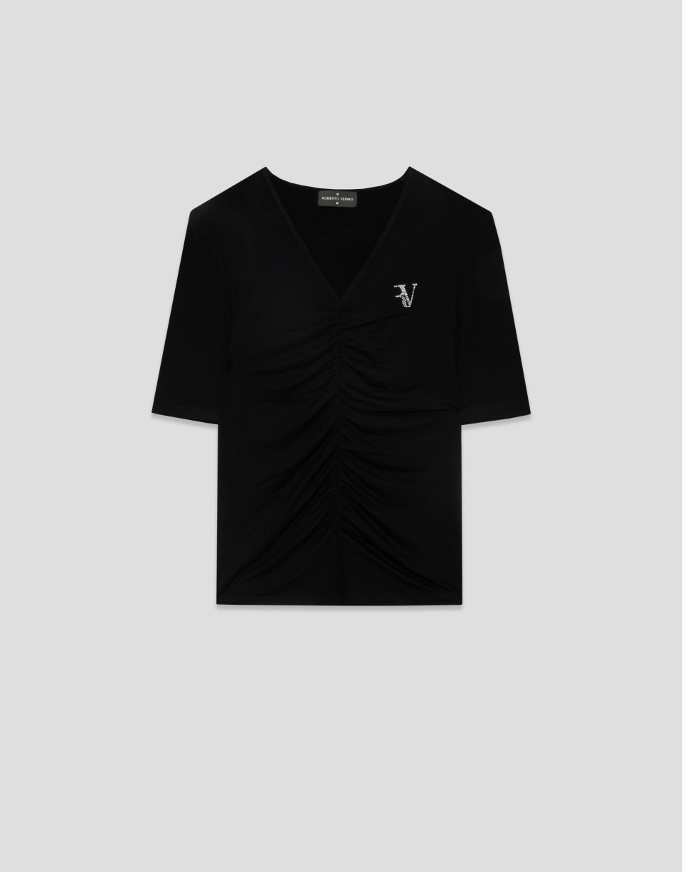 Camiseta manga corta negra con drapeado - Mujer | Roberto Verino