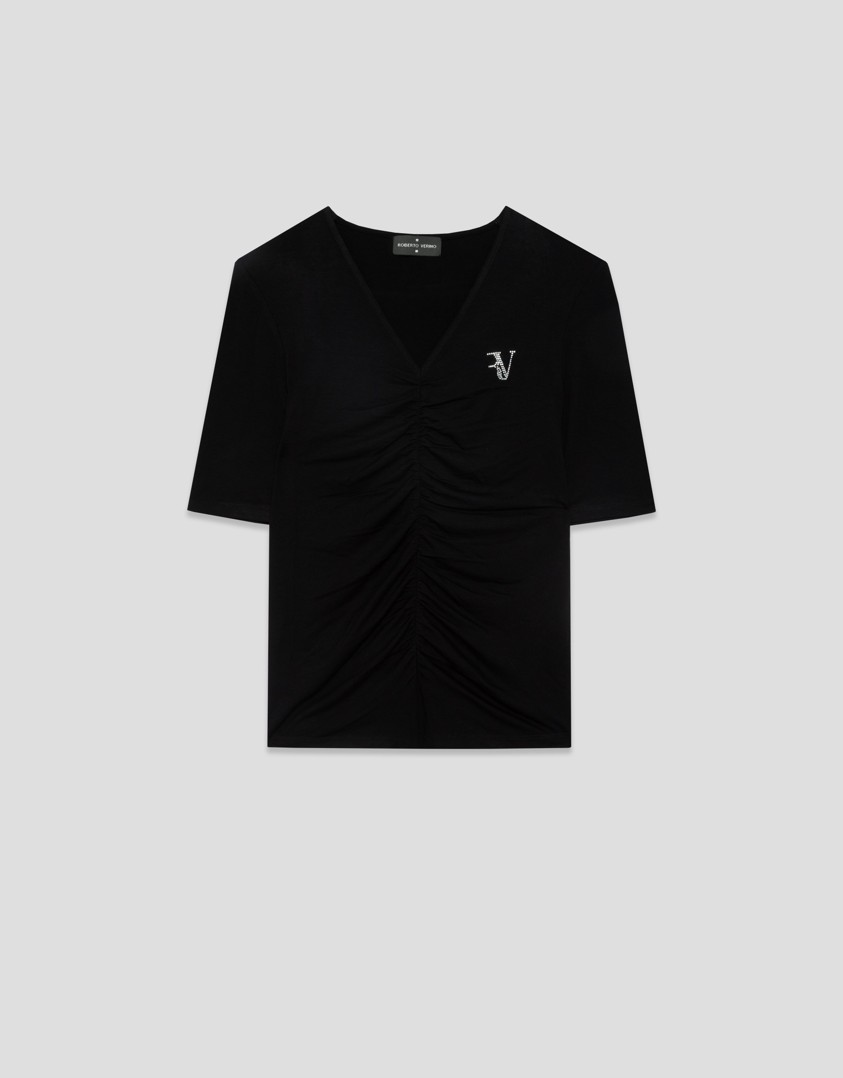 Camiseta manga corta negra con drapeado - Mujer | Roberto Verino
