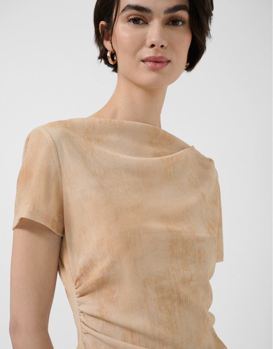 Ecru tulle gathered short-sleeved T-shirt | Roberto Verino