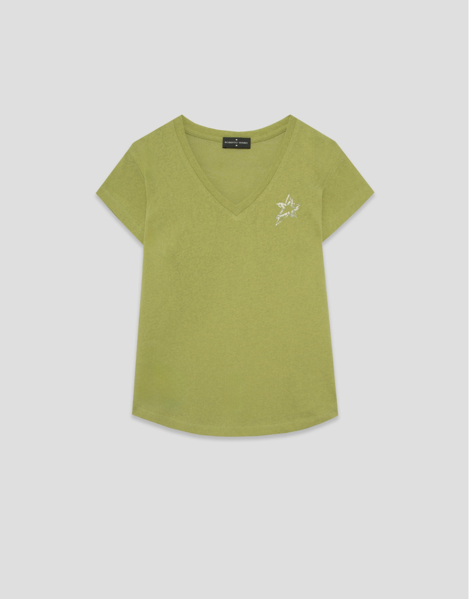 Camiseta cuello pico punto algodón ligero verde | Roberto Verino