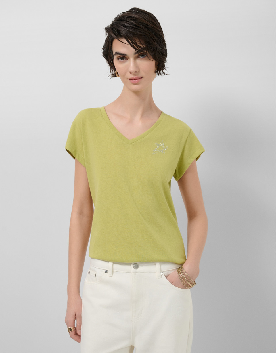 Camiseta cuello pico punto algodón ligero verde | Roberto Verino