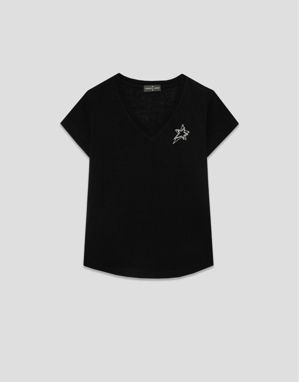 Camiseta cuello pico punto algodón ligero negro | Roberto Verino