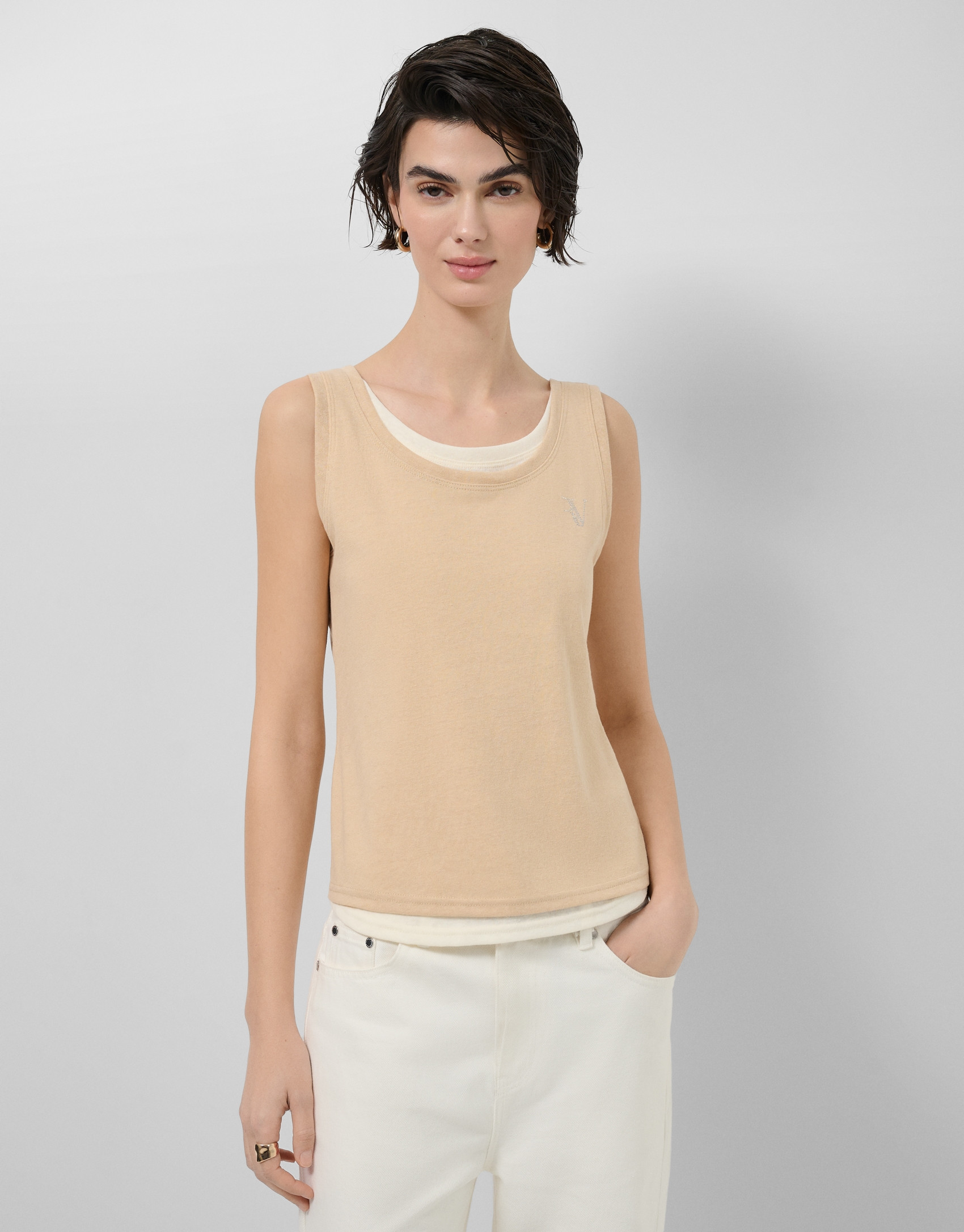 Camel and beige tank top - Woman - SS2026 | Roberto Verino