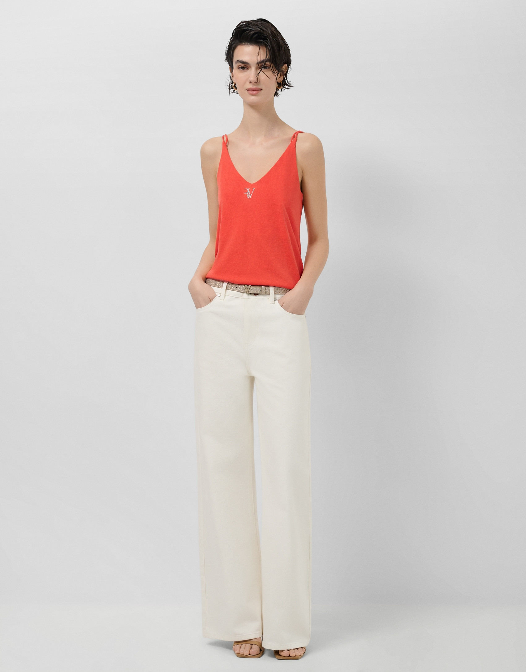 Coral red double strap T-shirt - Woman - SS2026 | Roberto Verino