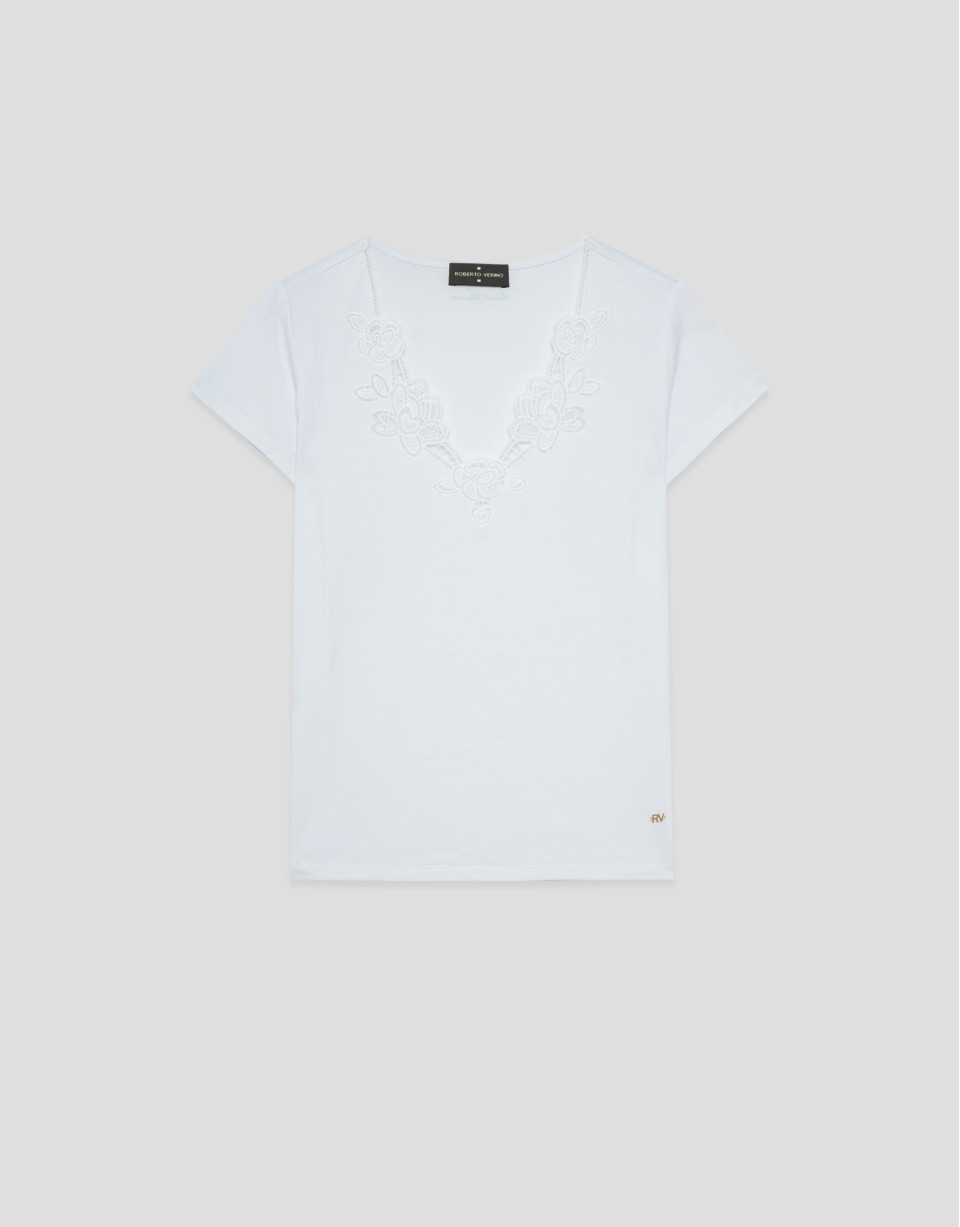 Camiseta manga corta escote bordado blanca | Roberto Verino