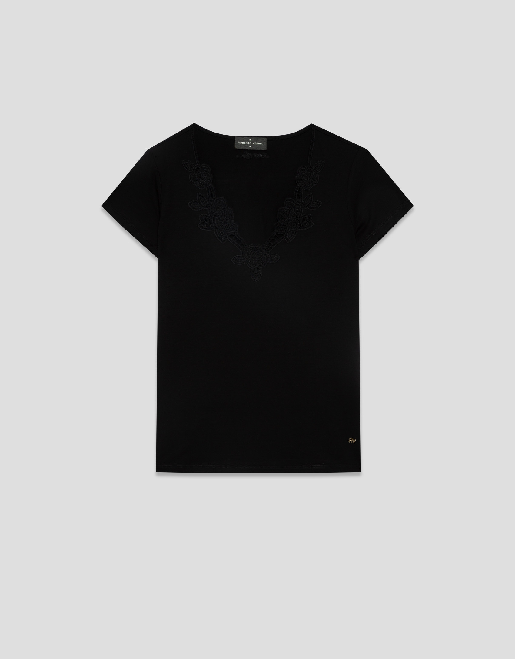Camiseta manga corta escote bordado negra | Roberto Verino