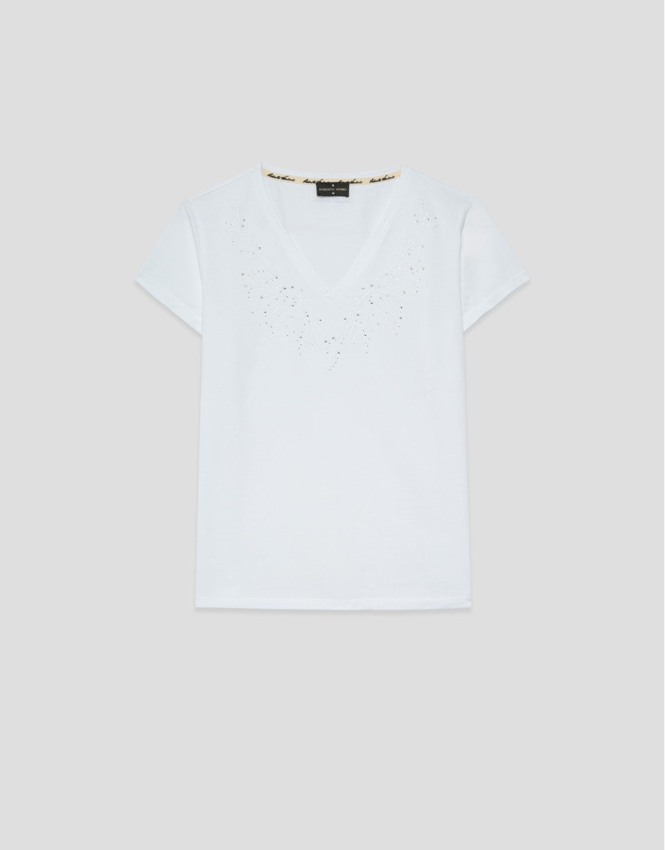 Camiseta manga corta blanca bordado escote | Roberto Verino