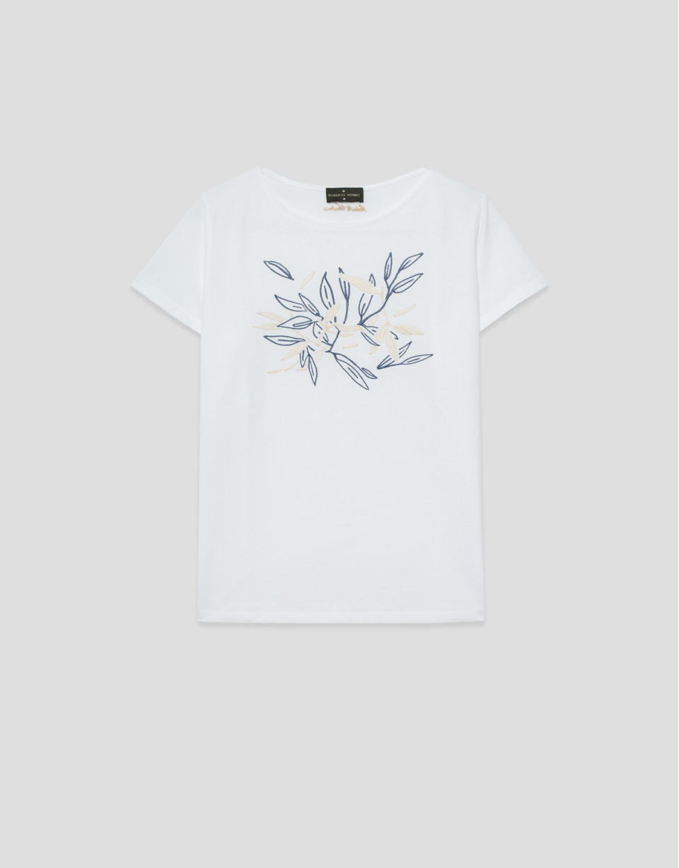 Camiseta manga corta blanca bordado vegetal ... | Roberto Verino