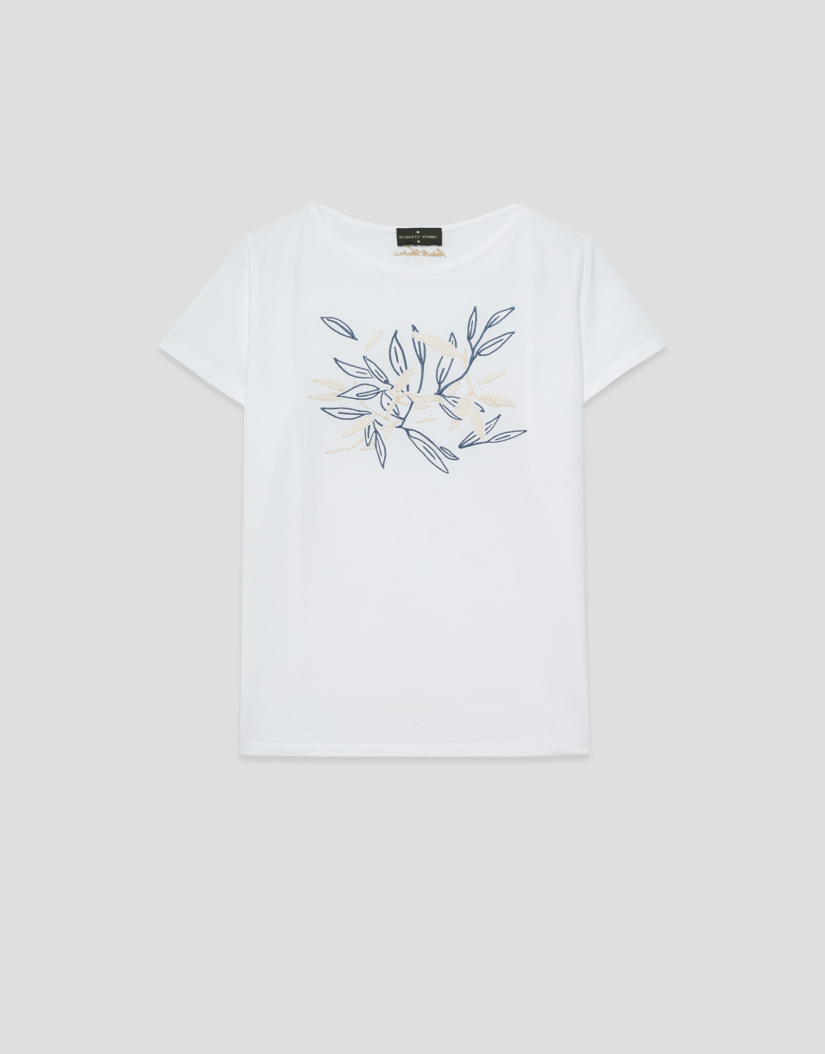 Camiseta manga corta blanca bordado vegetal ... | Roberto Verino
