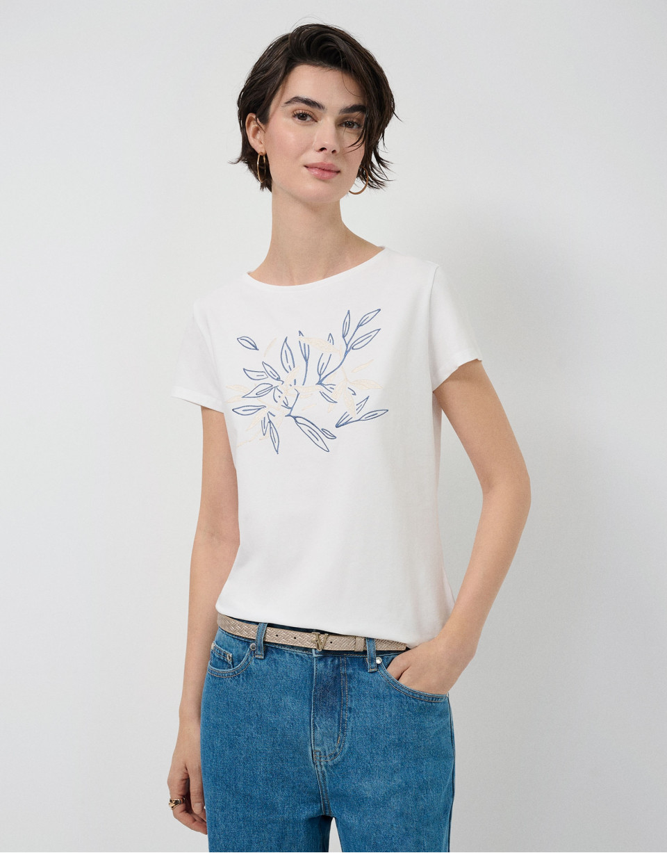 Camiseta manga corta blanca bordado vegetal ... | Roberto Verino