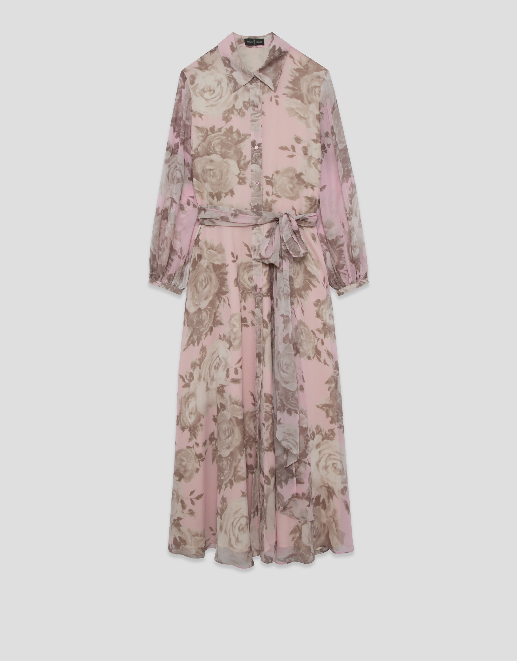 Long pink floral print chiffon shirt dress | Roberto Verino
