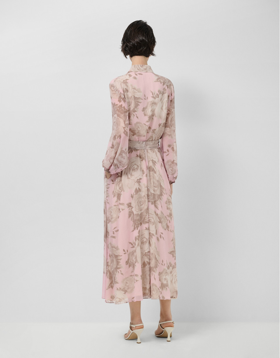 Long pink floral print chiffon shirt dress | Roberto Verino