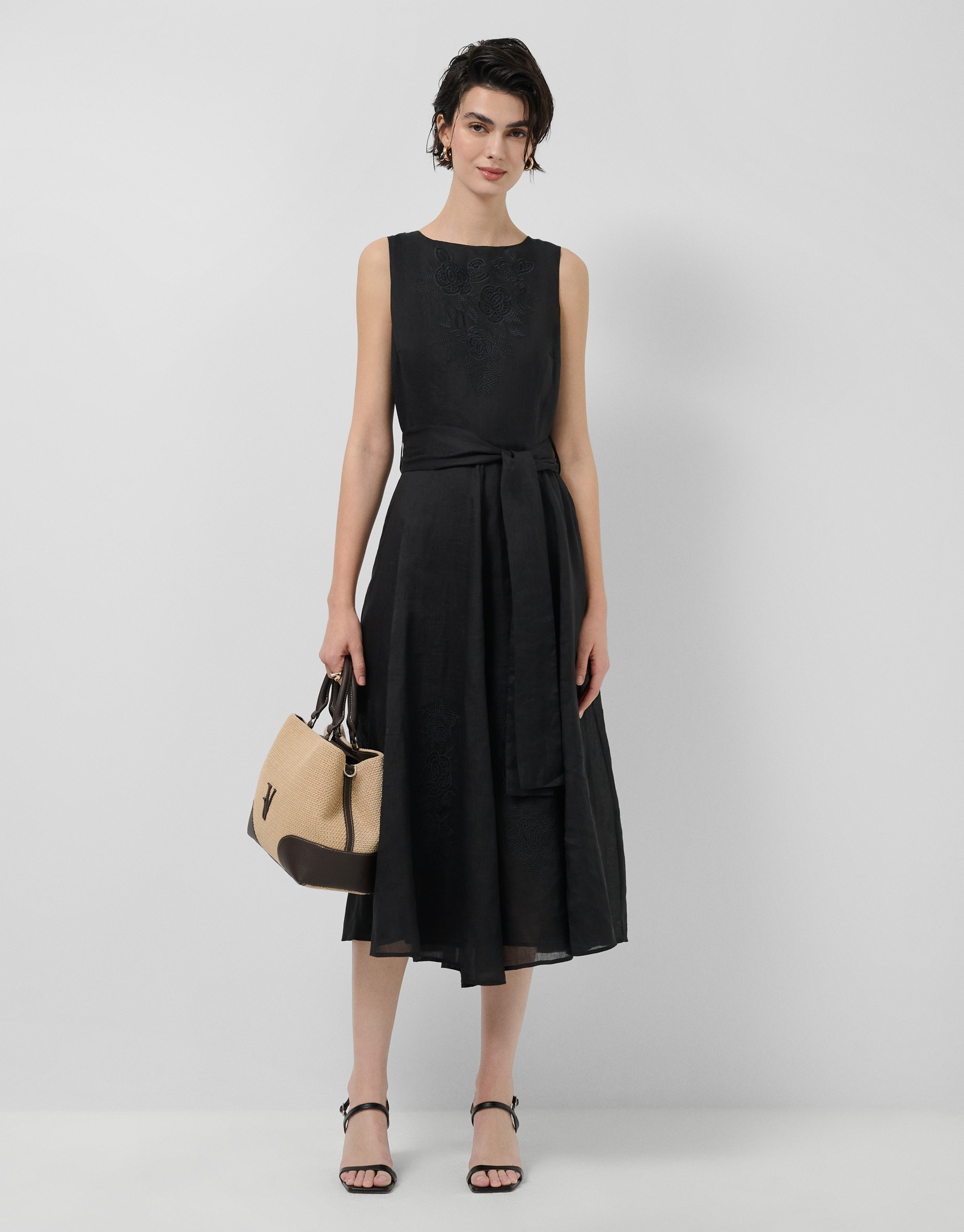 Black ramie dress with matching floral ... | Roberto Verino