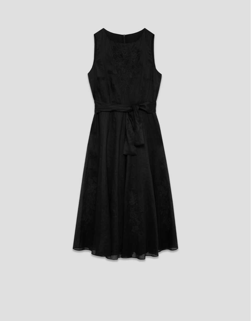 Vestido ramio negro con bordado floral a tono | Roberto Verino