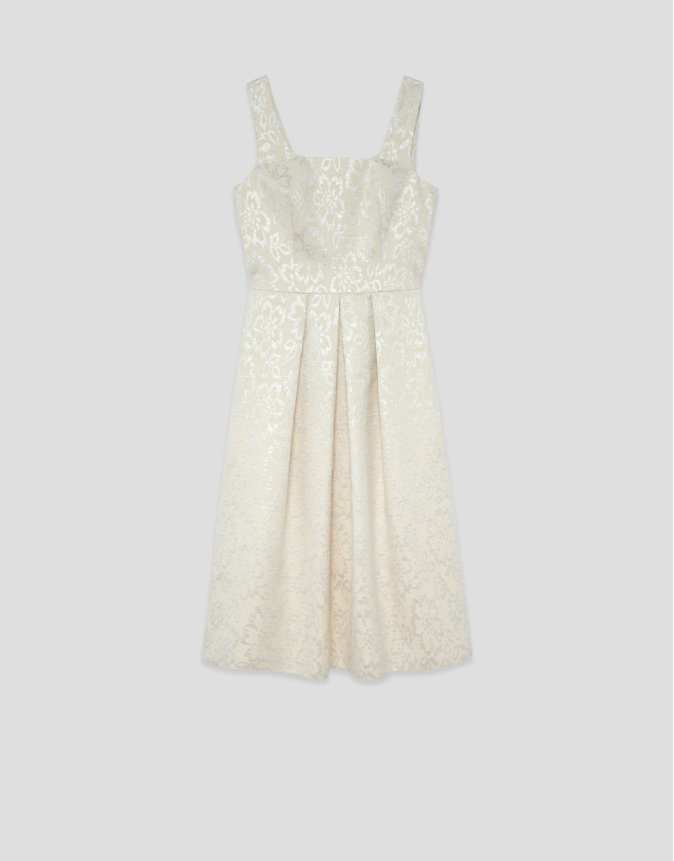 Beige floral jacquard dress with silver ... | Roberto Verino