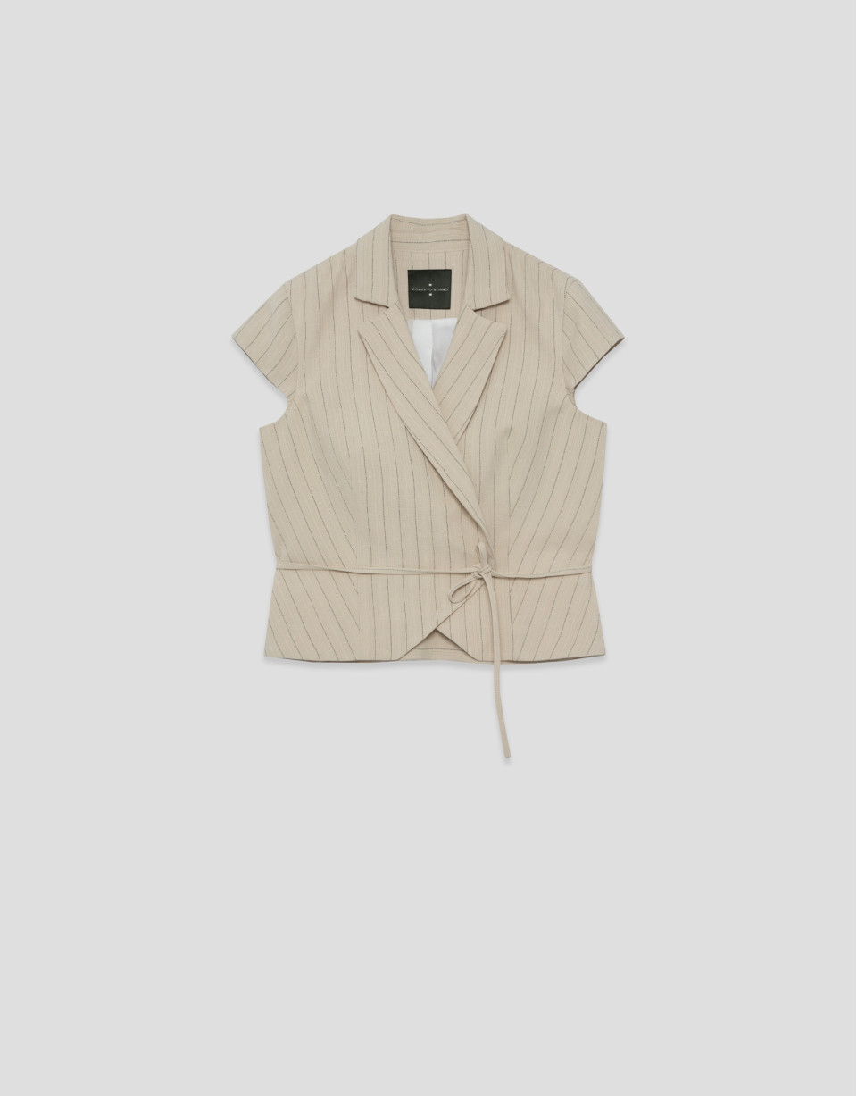 Beige double-breasted waistcoat with black ... | Roberto Verino