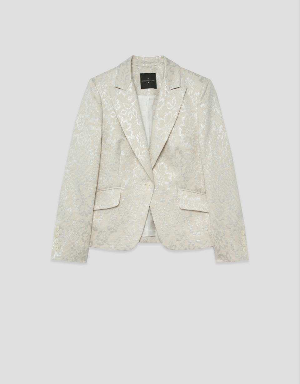 Chaqueta corta beige jacquard floral plata ... | Roberto Verino
