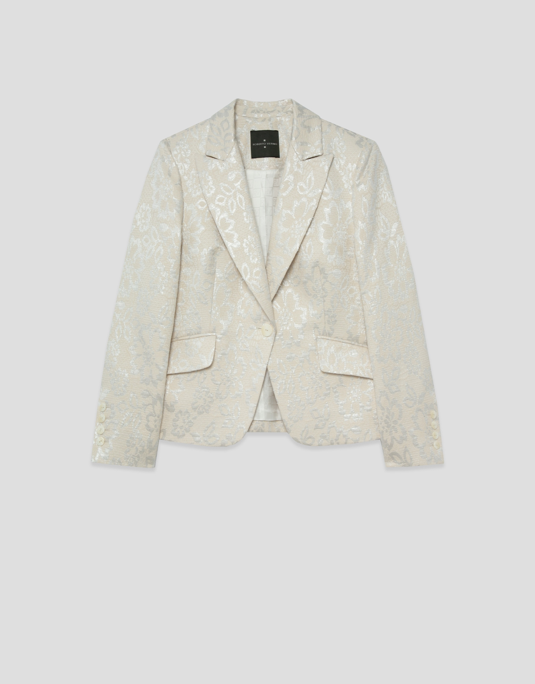 Short beige jacket with silver floral ... | Roberto Verino