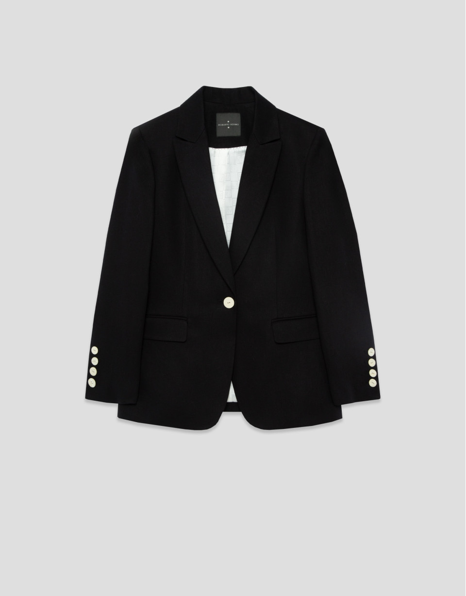 Black linen blend single-button blazer - Woman | Roberto Verino