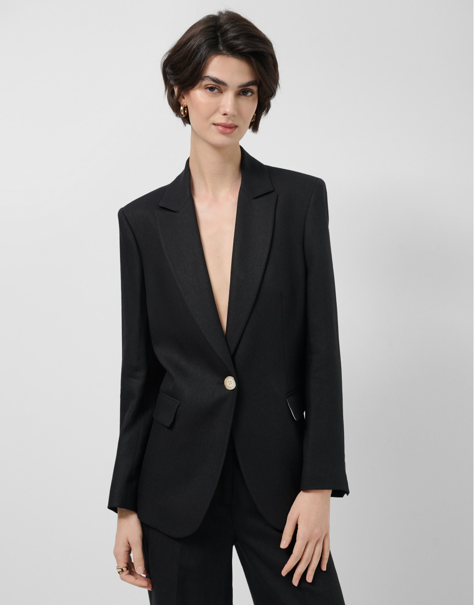 Black linen blend single-button blazer - Woman | Roberto Verino