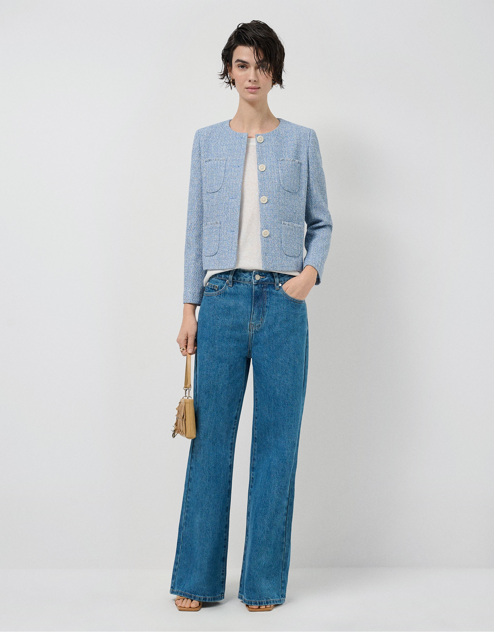 Chaqueta corta tweed tonos azules - Mujer | Roberto Verino