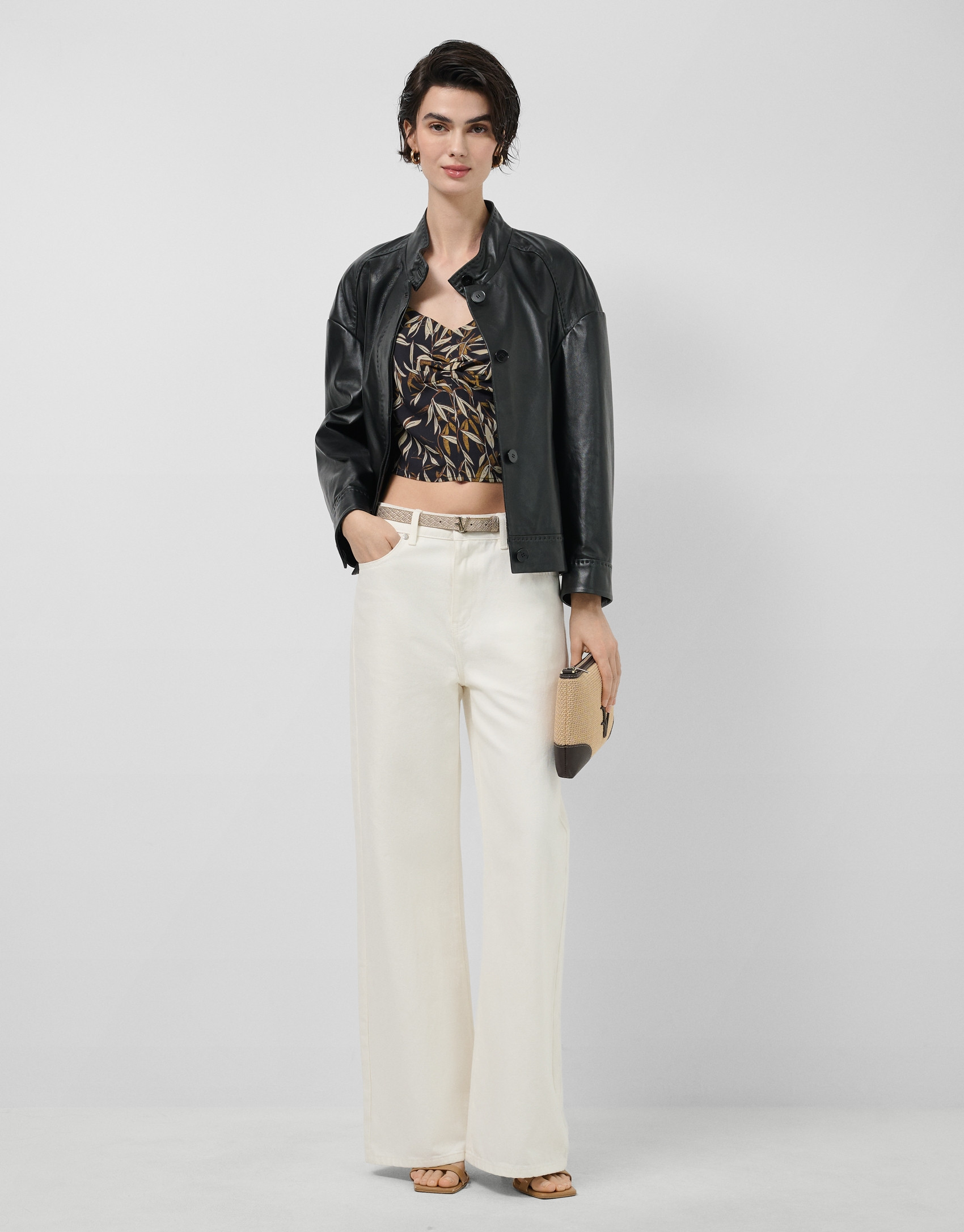 Black nappa leather short jacket with ... | Roberto Verino